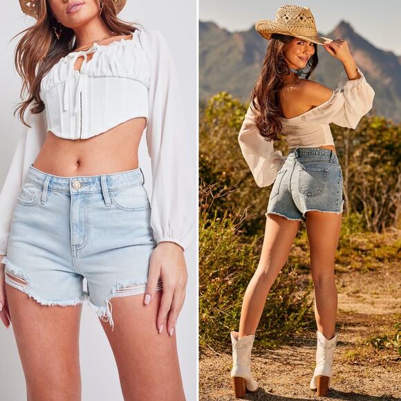 YMI Western Festival High Rise Distressed Denim Shorts K White Rips 13 / 31 NWT - Picture 1 of 11